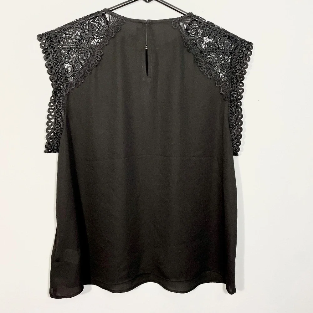 Express - Black Top with Lace & Scallop Detailed Cap Sleeves - Size: Large - Picture 6 of 6